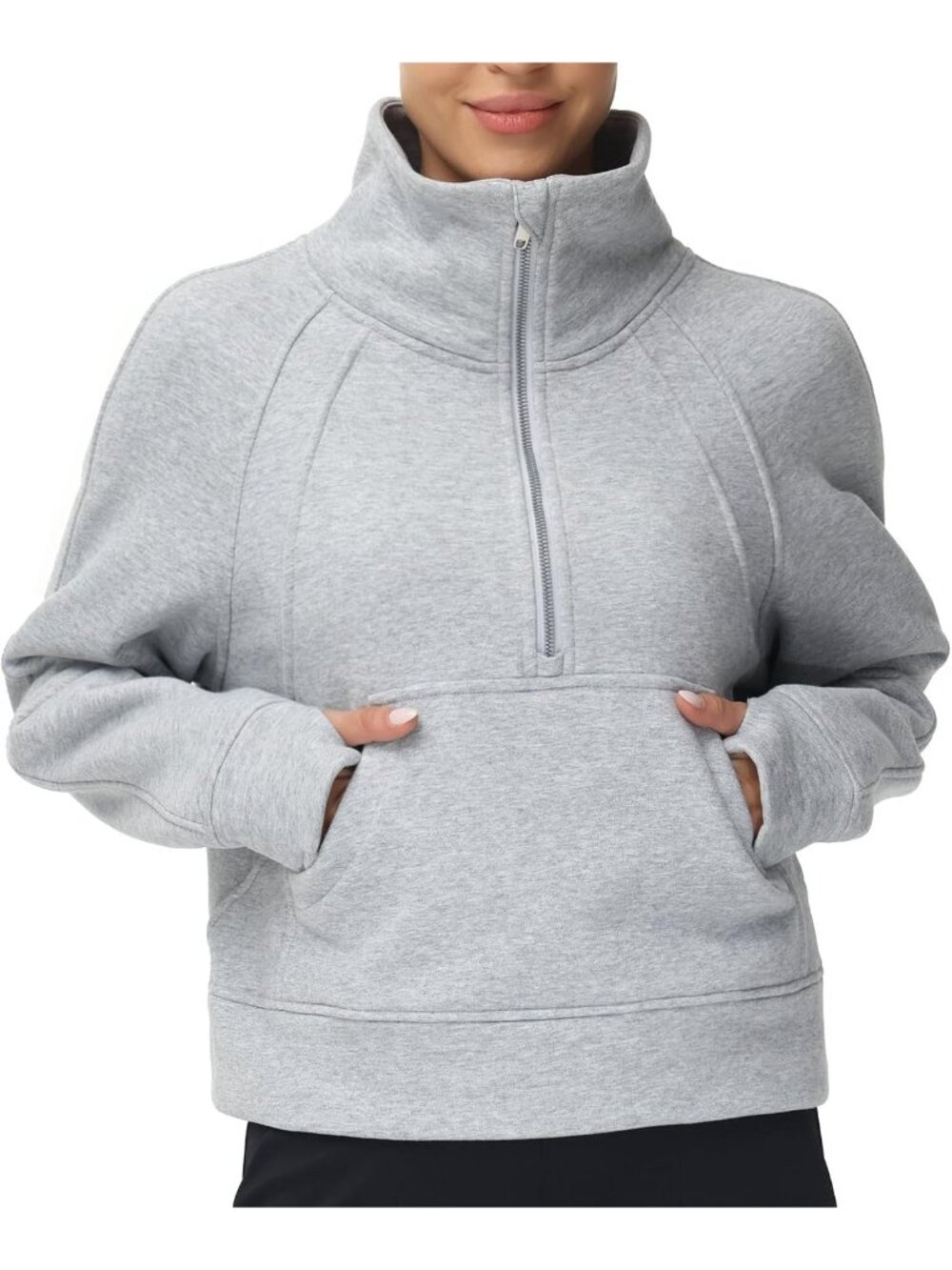 Women's Grey Fleece Lined Stand Collar Half Zip Thumb Holes Crop Sweatshirt